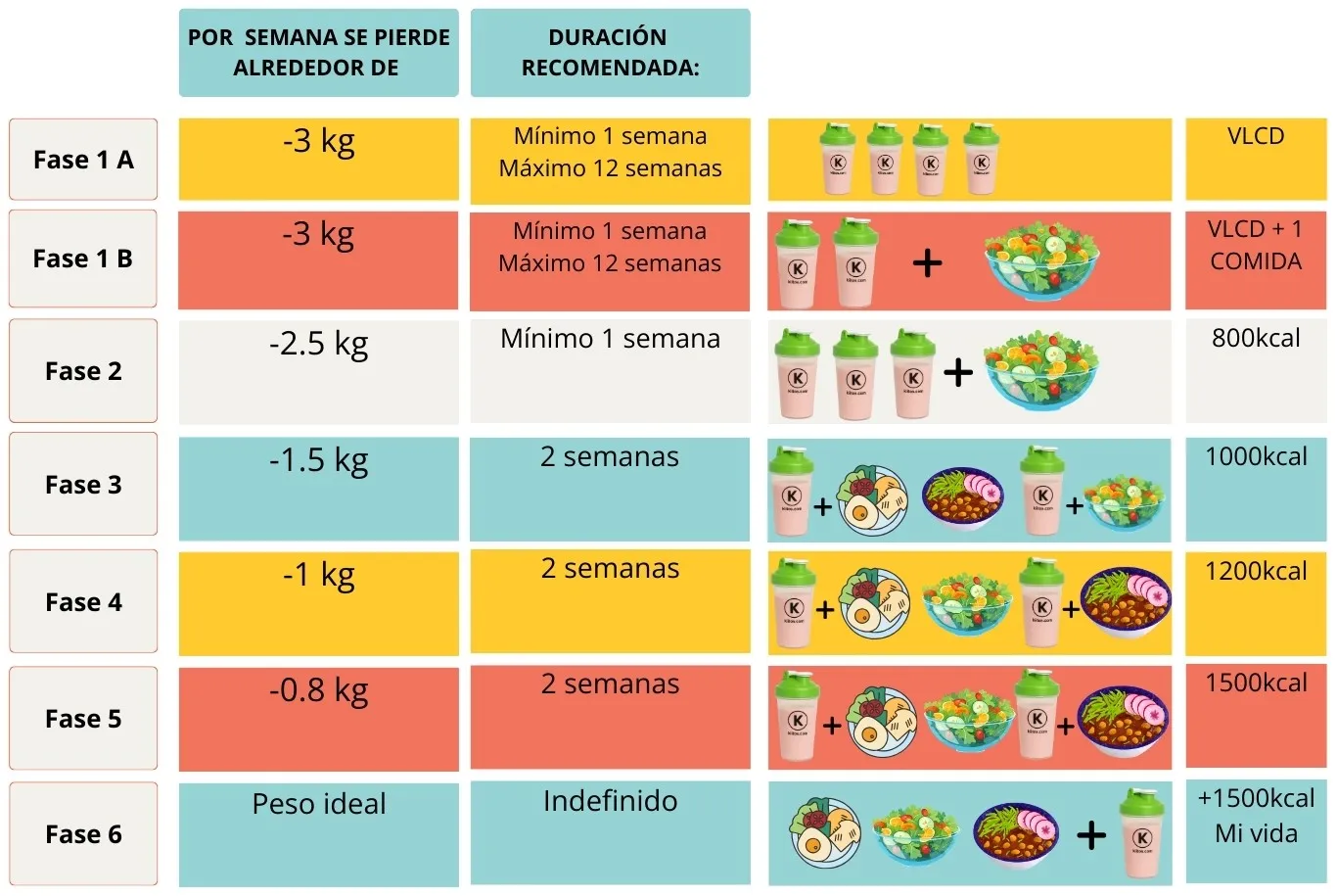 Tabla comparativa de fases Kiitos: kcal, duración y ritmo de pérdida estimado